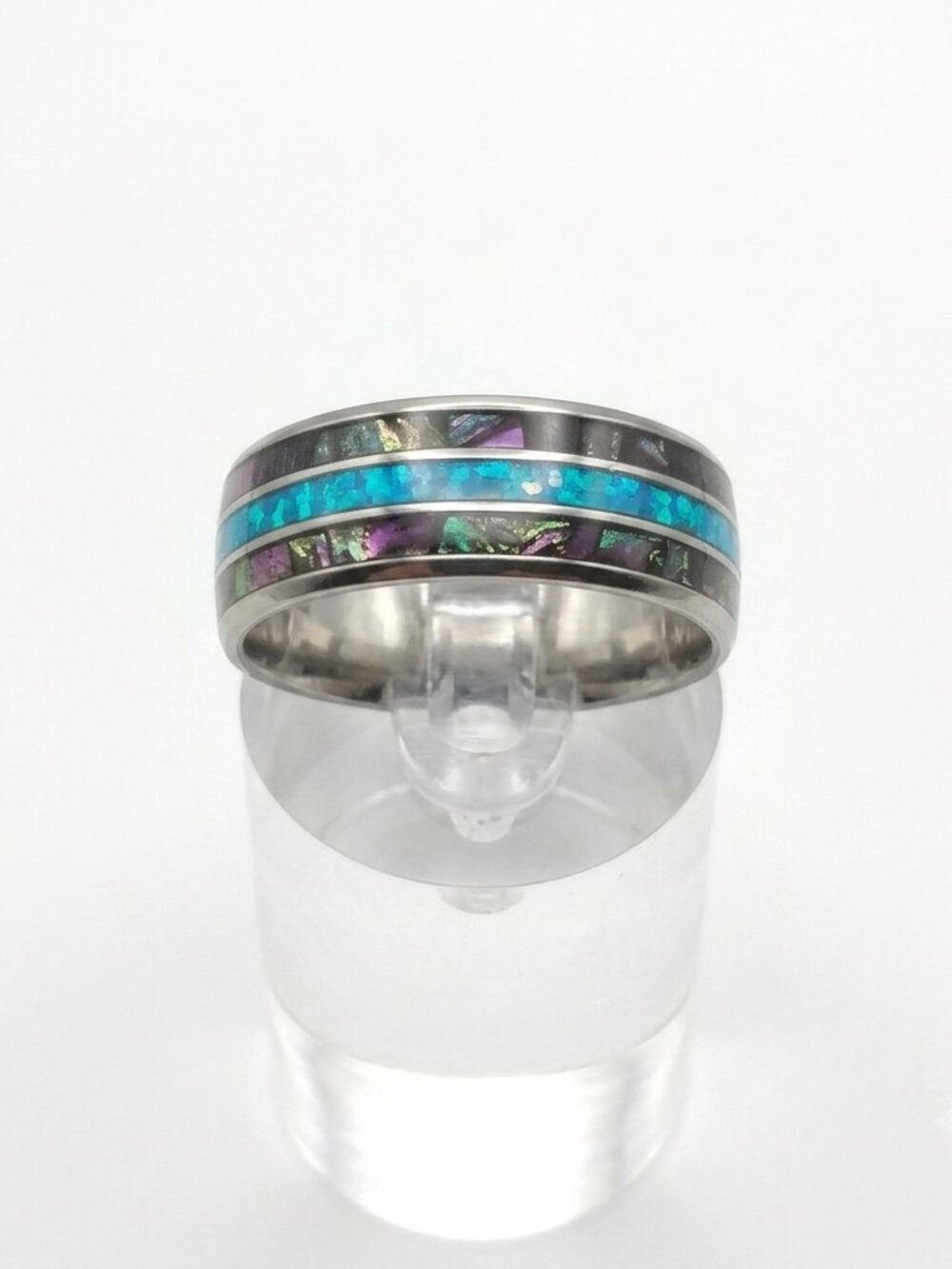 Size 11 Silver Stainless Steel Ring w/Teal Iridescent Inlay Wedding Band